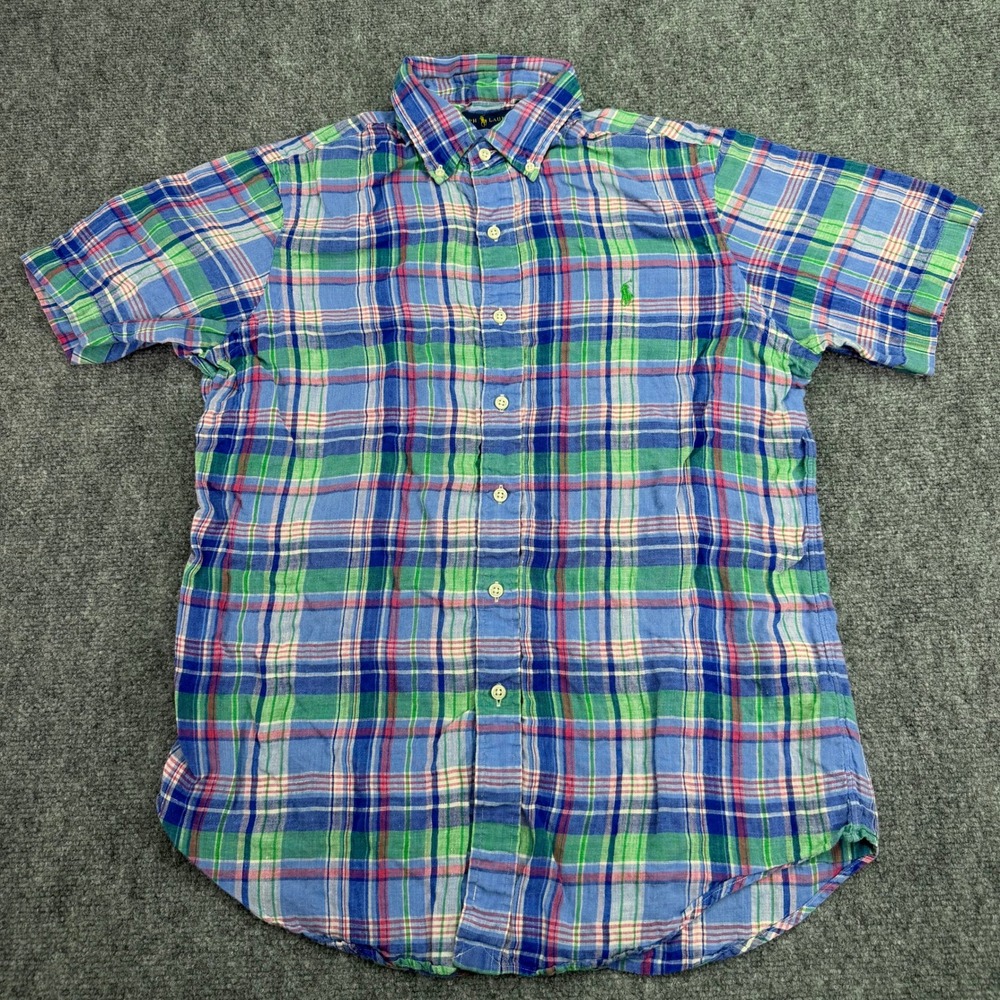 Ralph Lauren Shirt Mens Medium Multi Plaid 100% Linen Short Sleeve Button Down